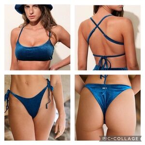 BERLOOK Velvet Tie Back Bikini Top-Navy & Velvet Tie Side Bikini Bottom-Navy S